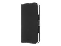 Insmat Exclusive - Lommebok for mobiltelefon - ekte skinn, kartong+papir+aluminiumsfolie, polykarbonat (PC), bomullssting - svart - for Apple iPhone 16 Pro 650-3280