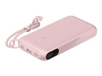 Belkin BoostCharge - Strømbank - med skjerm - 20000 mAh - 20 watt - PD - 3 utgangskontakter (2 x USB-C, USB) - på kabel: USB-C - rosa BPB028HQPK