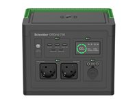 Schneider OffGrid 730 - Bærbar strømstasjon - LCD, litium-ion, 2 CEE 7/3 schuko-kontakter, sinuskurve, 3 USB-A, 1 USB-C, trådløs lader - AC 195 - 265 / DC 12 -30 V - 700 watt - litiumion - 738 Wh - utgangskontakter: 2 - svart, grønn PPS730-GR