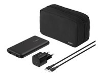 Belkin BoostCharge - Strømbank + AC-strømadapter - 10000 mAh - PD - 3 utgangskontakter (24 pin USB-C, 2 x USB) - på kabel: USB-C - Europa - med zippered pouch case BU041KQBK