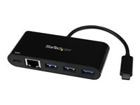StarTech.com 3 Port USB-C Hub with Gigabit Ethernet & 60W Power Delivery Passthrough Laptop Charging, USB-C to 3x USB-A (USB 3.0 SuperSpeed 5Gbps), USB 3.1/USB 3.2 Gen 1 Type-C Adapter Hub - Windows/macOS/Linux (HB30C3AGEPD) - Hub - 3 x SuperSpeed USB 3.0 + 1 x 10/100/1000 - stasjonær HB30C3AGEPD