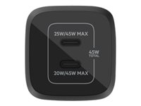 Belkin BoostCharge Pro - Strømadapter - PPS- og GaN-teknologi - 45 watt - 3 A - Fast Charge, PD 3.0 - 2 utgangskontakter (2 x USB-C) - svart WCH011VFBK