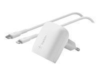 Belkin BoostCharge - Strømadapter - 20 watt - Fast Charge, Power Delivery 3.1 (USB-C) - på kabel: Lightning - hvit WCA006VF1MWH-B5