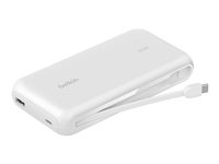 Belkin BoostCharge - Strømbank - med integrert kabel - 20000 mAh - 30 watt - PD - 3 utgangskontakter (2 x USB-C, USB) - MFI-sertifisert - hvit BPB024HQWH