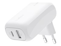 Belkin BoostCharge - Strømadapter - 42 watt - 3 A - PD 3.0 - 2 utgangskontakter (USB-C, USB) - hvit WCB009VFWH