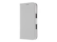 Insmat Exclusive - Lommebok for mobiltelefon - ekte skinn, kartong+papir+aluminiumsfolie, polykarbonat (PC), bomullssting - hvit - for Apple iPhone 16 650-3282