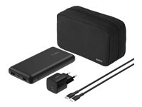 Belkin BoostCharge - Strømbank + AC-strømadapter - 20000 mAh - PD - 3 utgangskontakter (24 pin USB-C, 2 x USB) - på kabel: USB-C - Europa - med zippered pouch case BU042KQBK