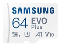 Samsung EVO Plus MB-MC64S - Flashminnekort (microSDXC til SD-adapter inkludert) - 64 GB - A1 / Video Class V10 / UHS-I U1 / Class10 - microSDXC UHS-I - hvit MB-MC64SA/EU