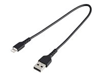 StarTech.com 12 in(30cm) Durable Black USB-A to Lightning Cable, Heavy Duty Rugged Aramid Fiber USB Type A to Lightning Charger/Sync Power Cord, Apple MFi Certified iPad/iPhone 12 Pro Max - iPhone 7/8/11/11 Pro - Lightning-kabel - USB hann til Lightning hann - 30 cm - svart RUSBLTMM30CMB