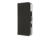 Insmat Exclusive - Lommebok for mobiltelefon - ekte skinn, kartong+papir+aluminiumsfolie, polykarbonat (PC), bomullssting - svart - for Apple iPhone 16 Pro Max 650-3281