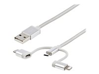StarTech.com USB Multi Charging Cable - 3.3 ft / 1m - Lightning / USB-C / Micro-USB - Braided - MFi Certified - USB 2.0 - 3 in 1 Charging (LTCUB1MGR) - USB-kabel - USB (hann) til Micro-USB type B, Lightning, USB-C (hann) - 1 m - sølv LTCUB1MGR