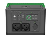 Schneider OffGrid 330 - Bærbar strømstasjon - LCD, litium-ion, 2 CEE 7/3 schuko-kontakter, sinuskurve, 3 USB-A, 1 USB-C, trådløs lader - AC 230 V - 330 watt - litiumion - 332 Wh - utgangskontakter: 2 - svart, grønn PPS330-GR
