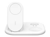 Belkin BoostCharge 3-in-1 - Trådløst ladestativ - magnetisk, sammenleggbar, med Qi2 + AC-strømadapter - 15 watt - Fast Charge - hvit WIZ029VFWH